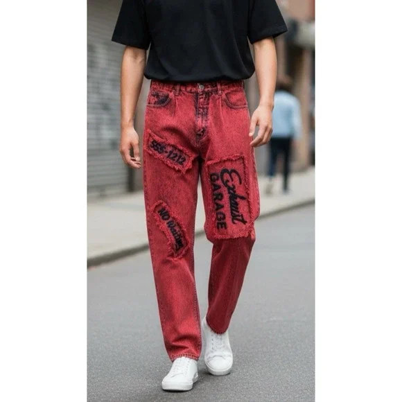 Vtg 90's Exhaust Red Acid Wash Graphic Denim Jeans Grunge Punk Size 31 *Flawed - Picture 1 of 16